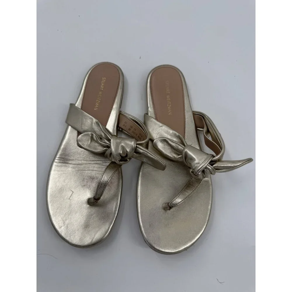 Stuart WeitzmanBandeau Metallic Gold Leather Bow Accent T- Strap Sandals Size 8